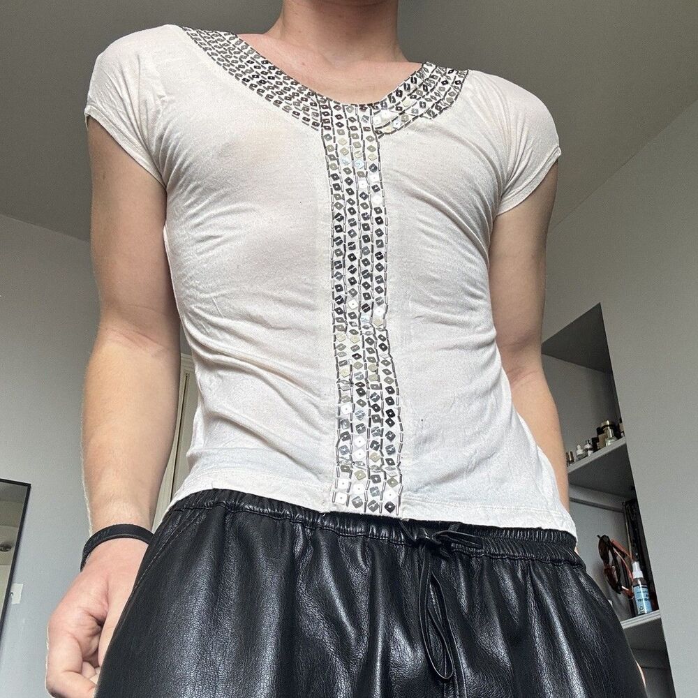 Apt. 9 rhinestone-bedazzled sequin Short Sleeve top, silver/Ivory , size S Y2K